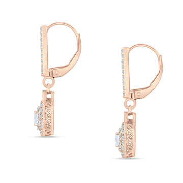 Emerald Cut Cluster CZ Dangle Hoop Leverback Earrings Rose Tone 925 Sterling Silver